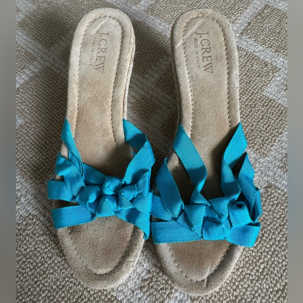 J. Crew Wedge Sandals Blue Ribbon Espadrille Shoes Preppy Resort Style Size 7 - Picture 5 of 9